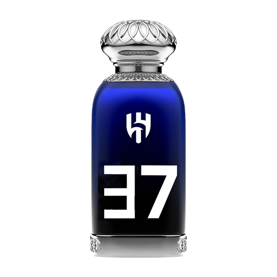 Al Hilal 37 Eau de Parfum 100 ml van Dkhoon Emirates, blauw-zwarte fles met witte 37 en zilverkleurige sierdop op wit