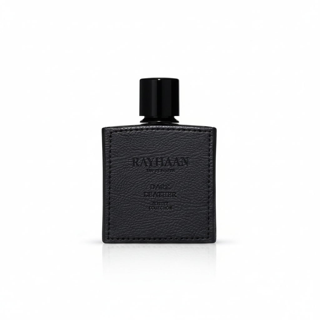 Rayhaan Dark Leather Eau de Parfum 100 ml zwarte fles met leerstructuur en stiknaden