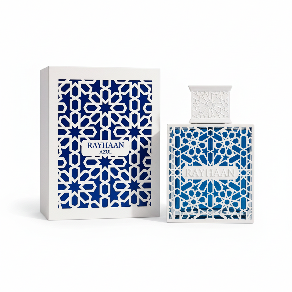 Rayhaan Azul Eau de Parfum 100 ml fles met originele witte en blauwe verpakking