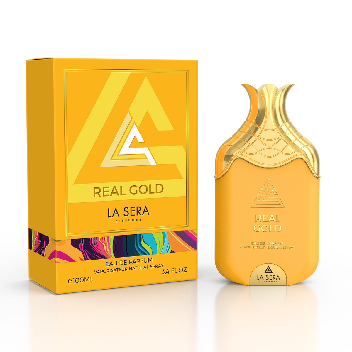 La Sera Real Gold Eau de Parfum 100 ml fles met originele goudkleurige verpakking