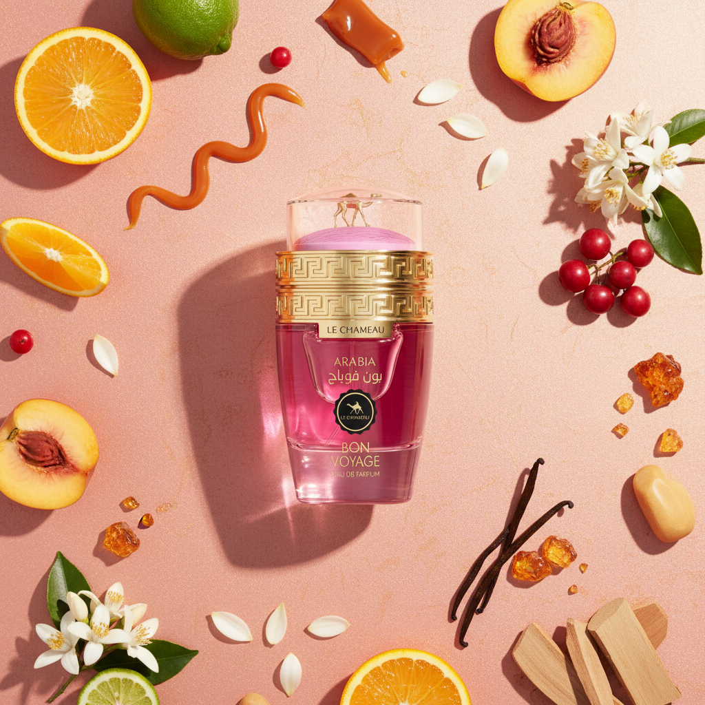 Le Chameau Arabia Bon Voyage Eau de Parfum 100 ml met perzik, citrus, bloemen en karamel