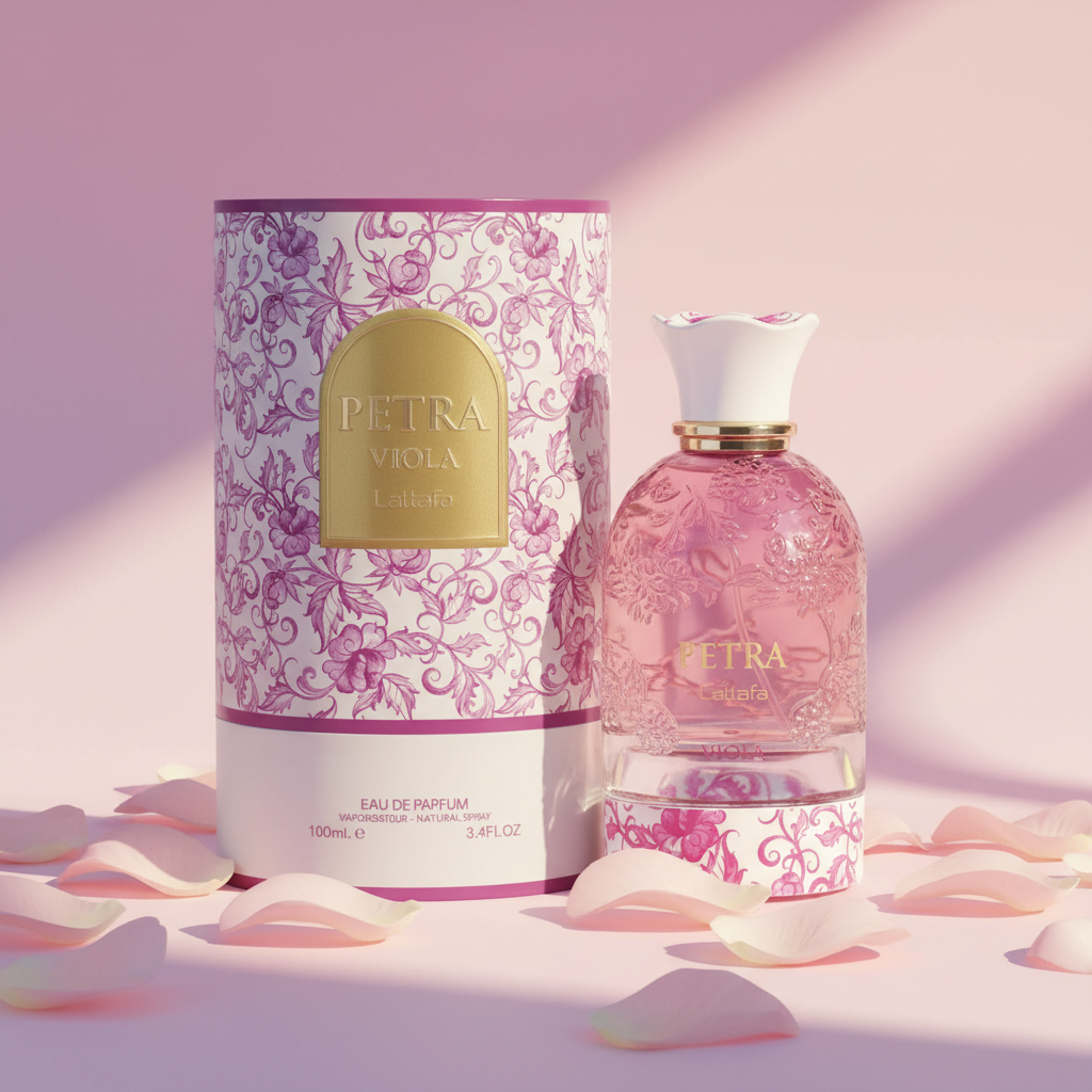 Petra Viola parfumfles en verpakking in een sfeervolle roze-lila setting