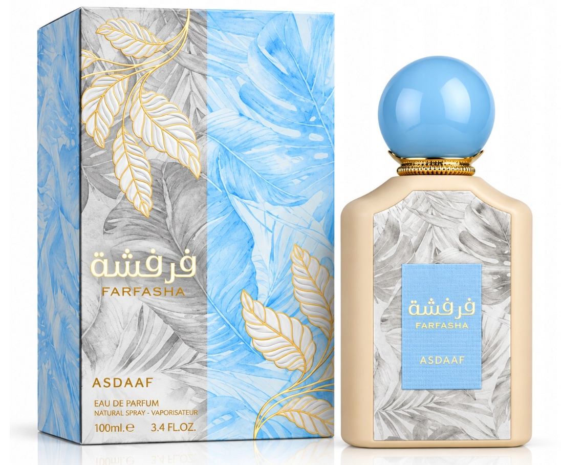 Asdaaf Farfasha Eau de Parfum 100 ml fles met blauwe dop naast originele doos