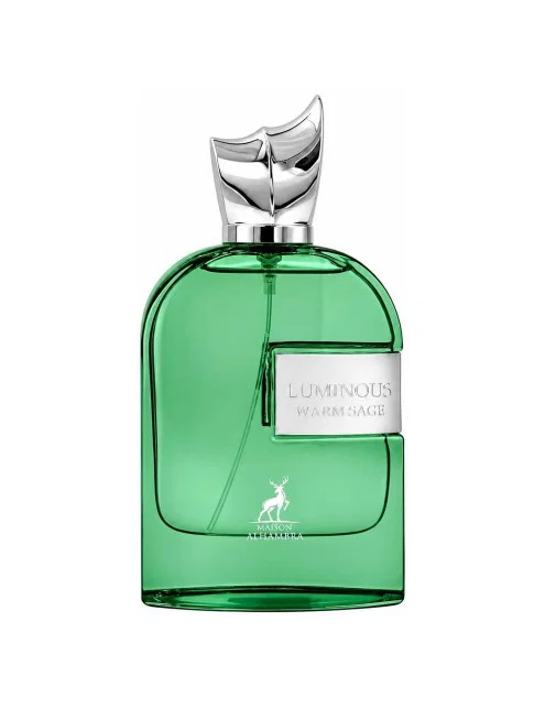 Luminous Warm Sage Eau de Parfum 100 ml van Maison Alhambra, groene fles met zilverkleurige dop op wit