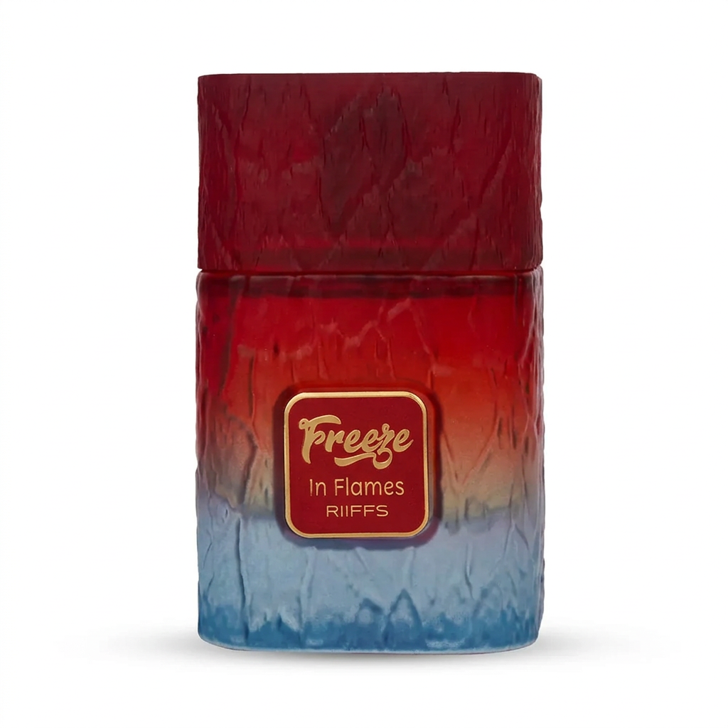 Riiffs Freeze in Flames Extrait de Parfum 100 ml, losse rood-blauwe fles op wit