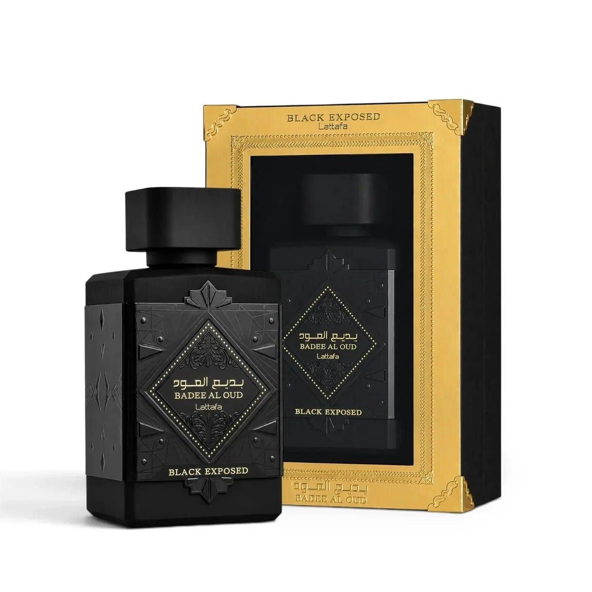 Lattafa Bade'e Al Oud Black Exposed 100 ml fles met originele goud-zwarte verpakking