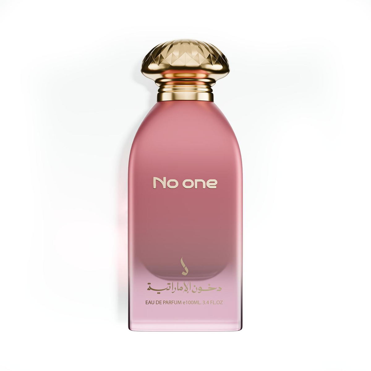 No One Eau de Parfum 100 ml van Dkhoon Emirates, roze fles met goudkleurige facetdop op wit