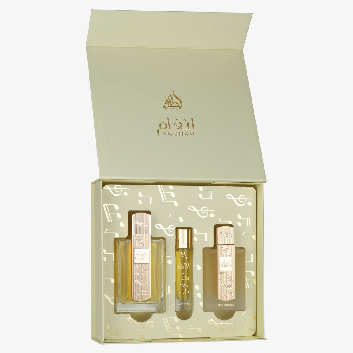Lattafa Angham open cadeauset met 100 ml Eau de Parfum, 12 ml Travel Spray en 50 ml Hair Mist
