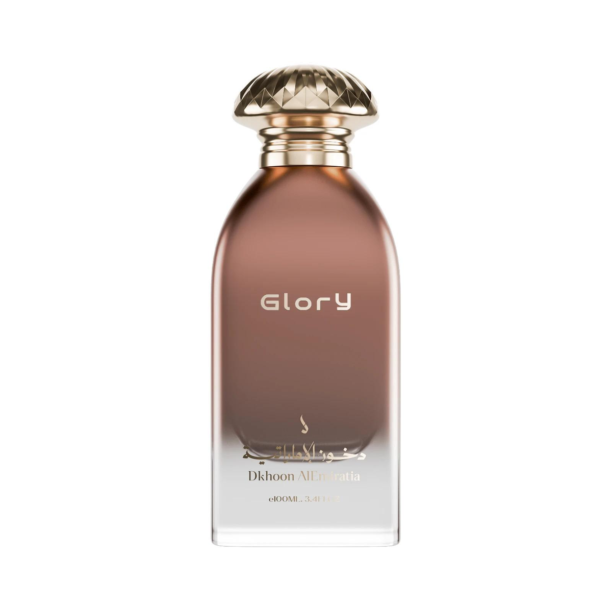 Glory Eau de Parfum 100 ml van Dkhoon Emirates, bruinroze fles met goudkleurige facetdop op wit