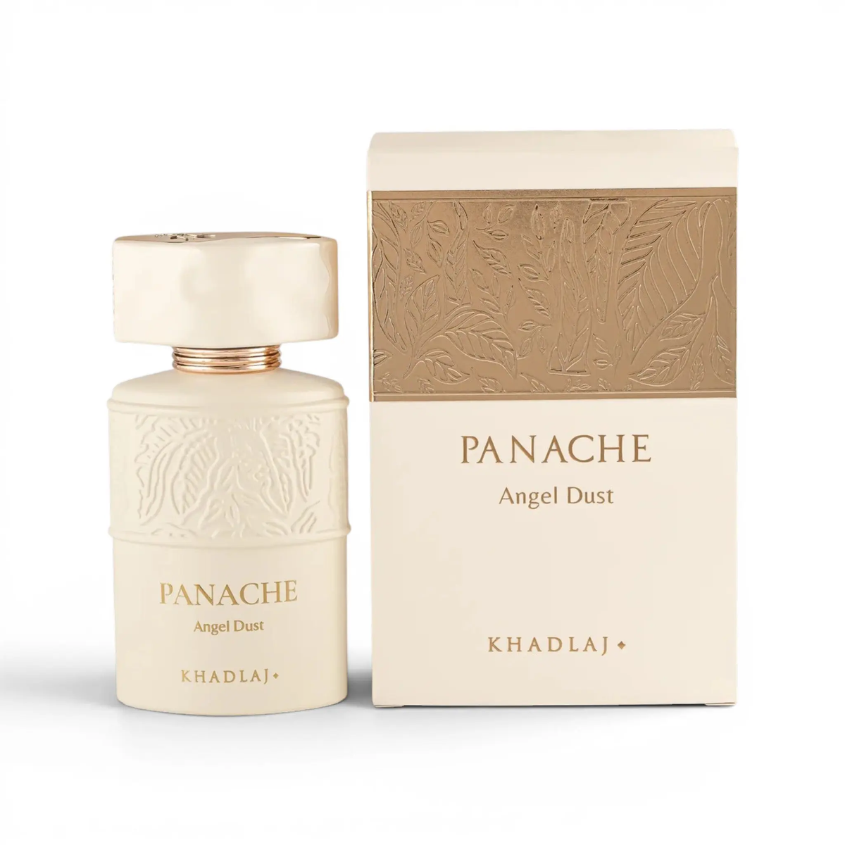 Khadlaj Panache Angel Dust met ivoorkleurige flacon en originele crème-gouden doos op een witte achtergrond