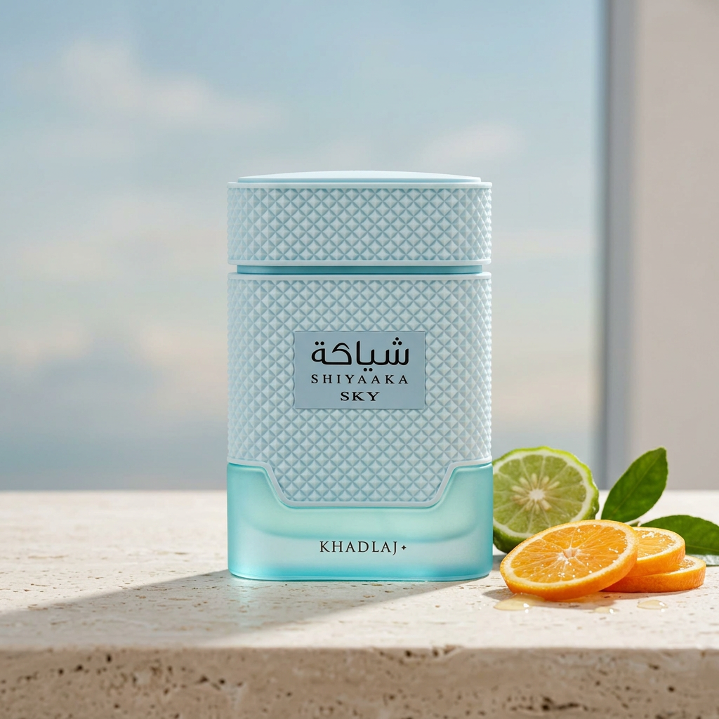 Khadlaj Shiyaaka Sky in een lichtblauwe flacon op een stenen tafel met citrusvruchten en groene bladeren