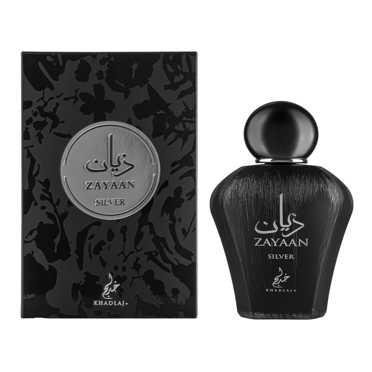 Khadlaj Zayaan Silver met zwarte flacon en originele zwarte doos met zilveren embleem