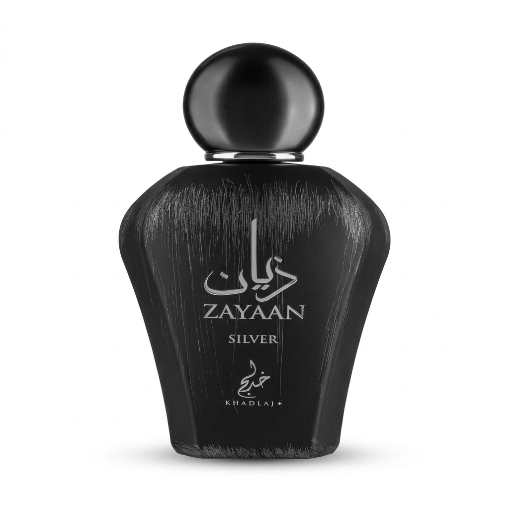 Khadlaj Zayaan Silver Eau de Parfum 100 ml in een zwarte flacon met zilveren letters op wit
