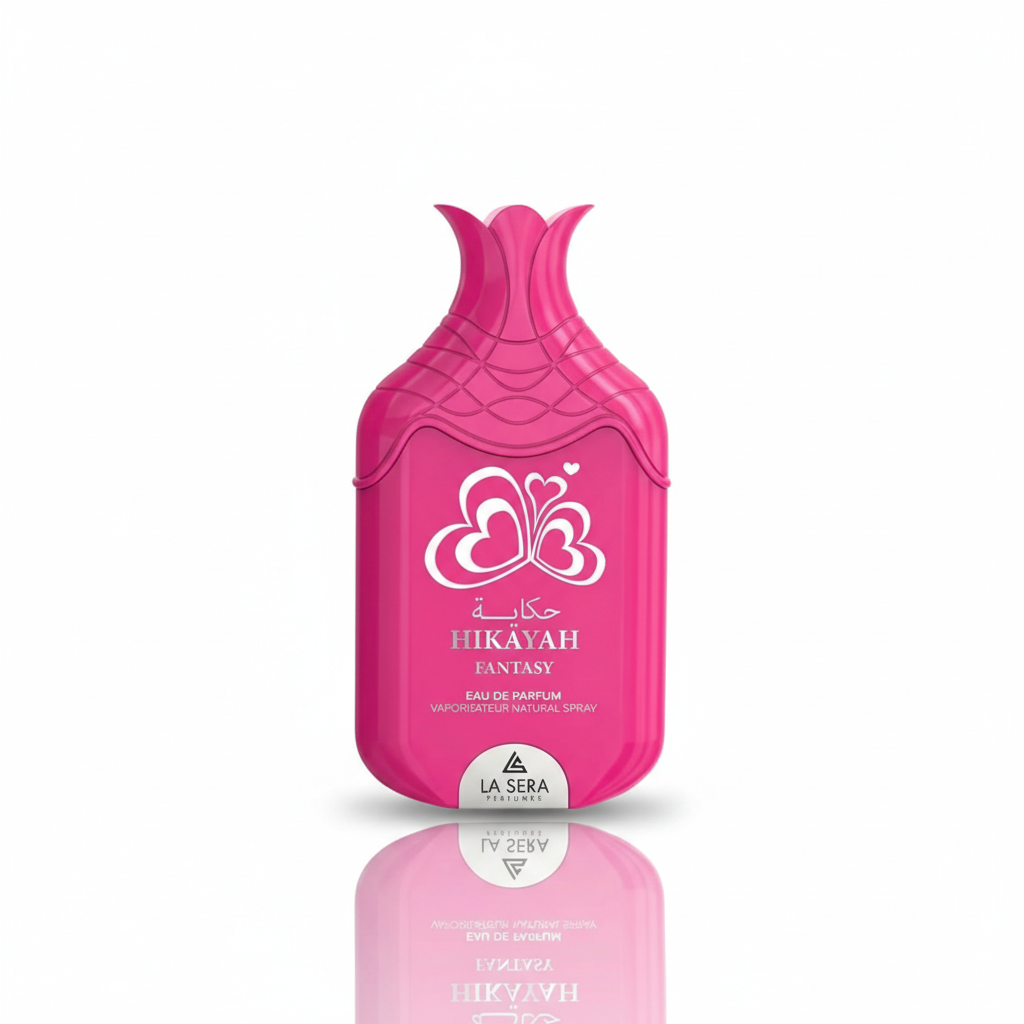 La Sera Hikayah Fantasy Eau de Parfum 100 ml roze fles met vlinderlogo op wit