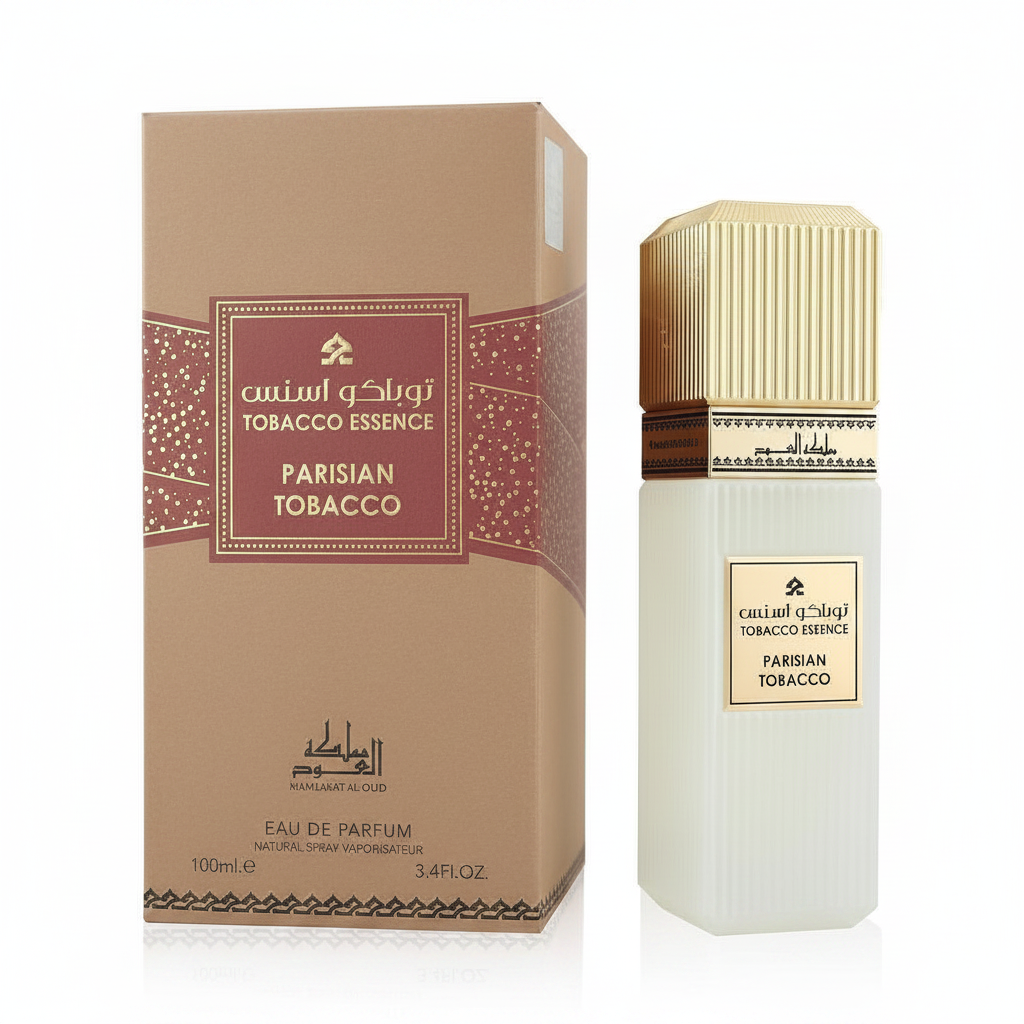Parisian Tobacco Eau de Parfum van Mamlakat Al Oud, parfumfles op lichte achtergrond.
