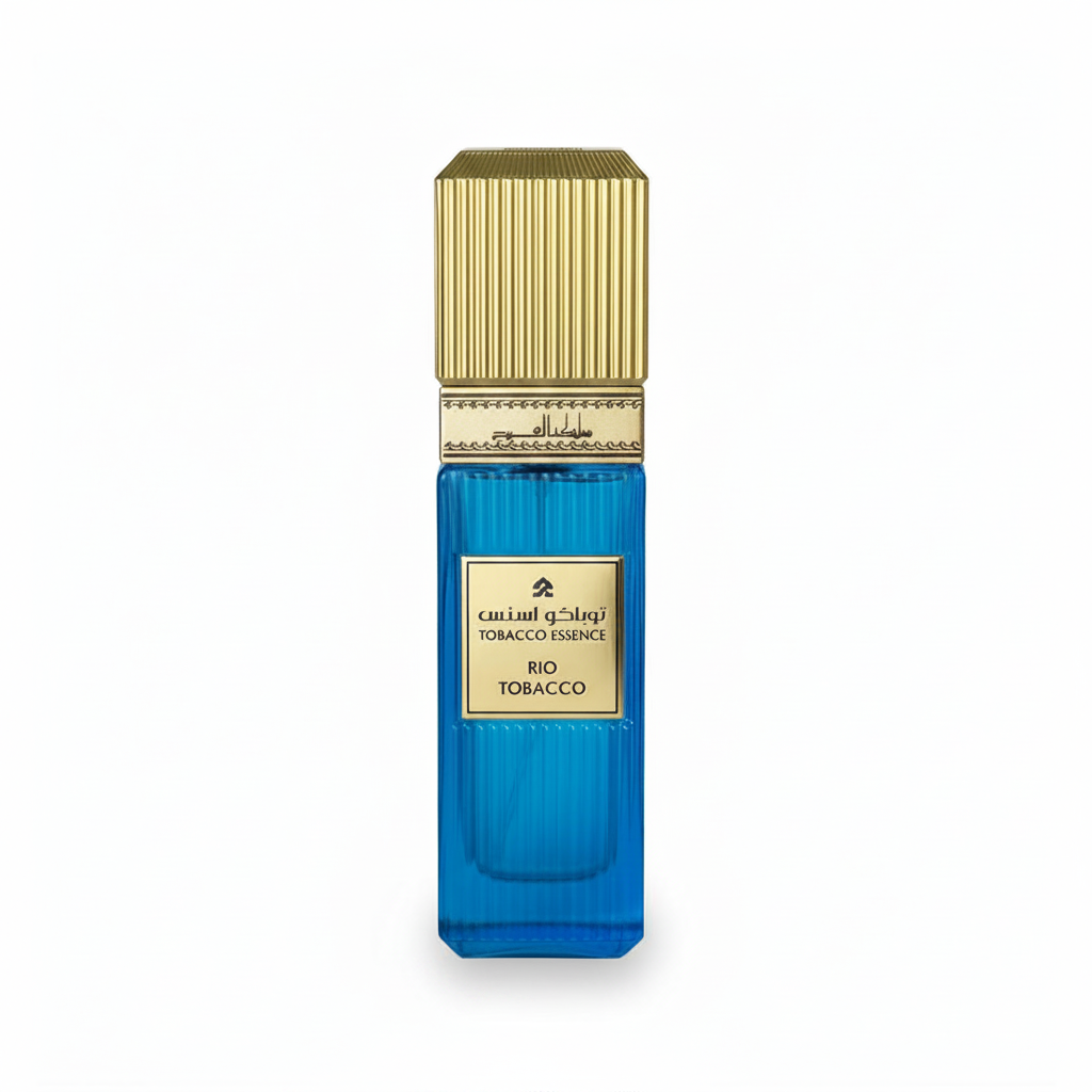 Rio Tobacco Eau de Parfum van Mamlakat Al Oud, blauwe parfumfles met goudkleurige details