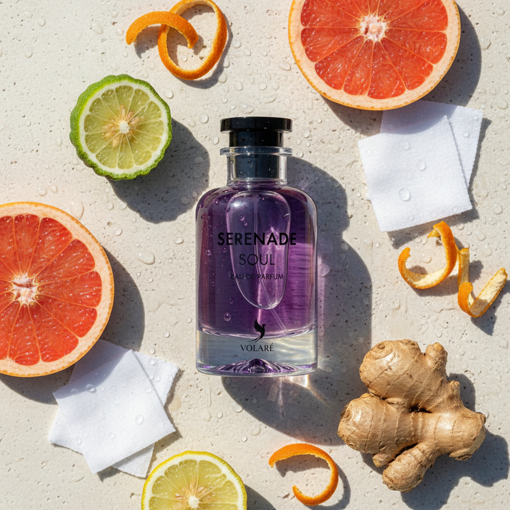 Serenade Soul Eau de Parfum van Volaré, paarse parfumfles op lichte achtergrond