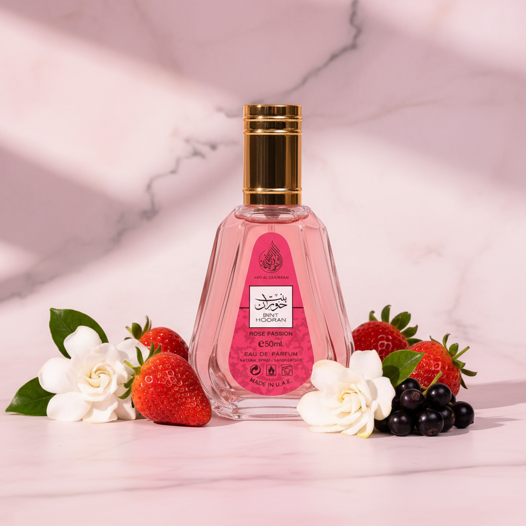 Sfeerfoto Bint Hooran Rose Passion met aardbeien en gardenia op roze marmer