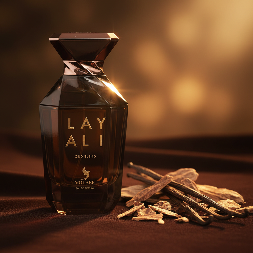 Sfeerfoto Layali Oud Blend met oud hout en vanille in warm gouden licht