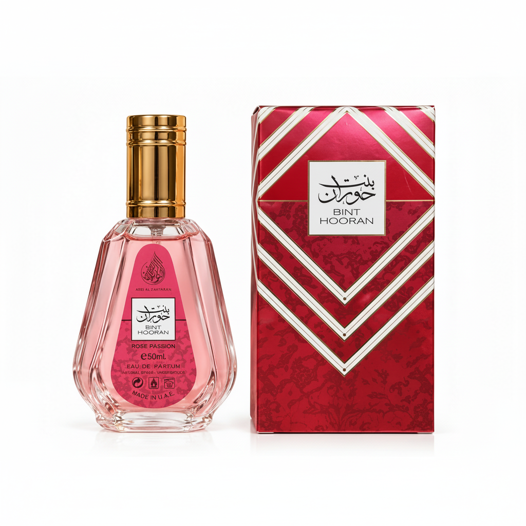 Strakke studiofoto Bint Hooran Rose Passion met rode doos op witte achtergrond