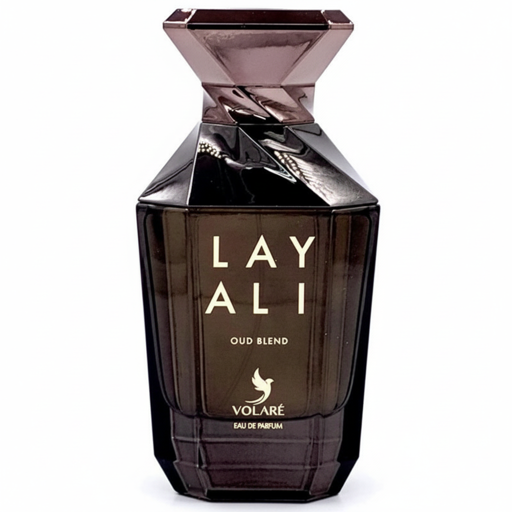 Studiofoto Layali Oud Blend: alleen de fles, recht van voren op witte achtergrond