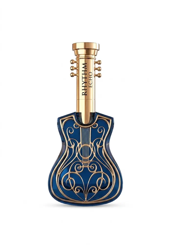 Volaré Privé Rhythm Echo Eau de Parfum 85 ml in een donkerblauwe gitaarvormige flacon met gouden details op wit