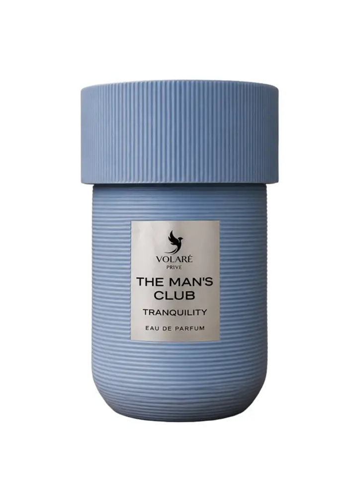 Volaré The Man’s Club Tranquility Eau de Parfum 100 ml in een geribbelde blauwgrijze flacon op een witte achtergrond